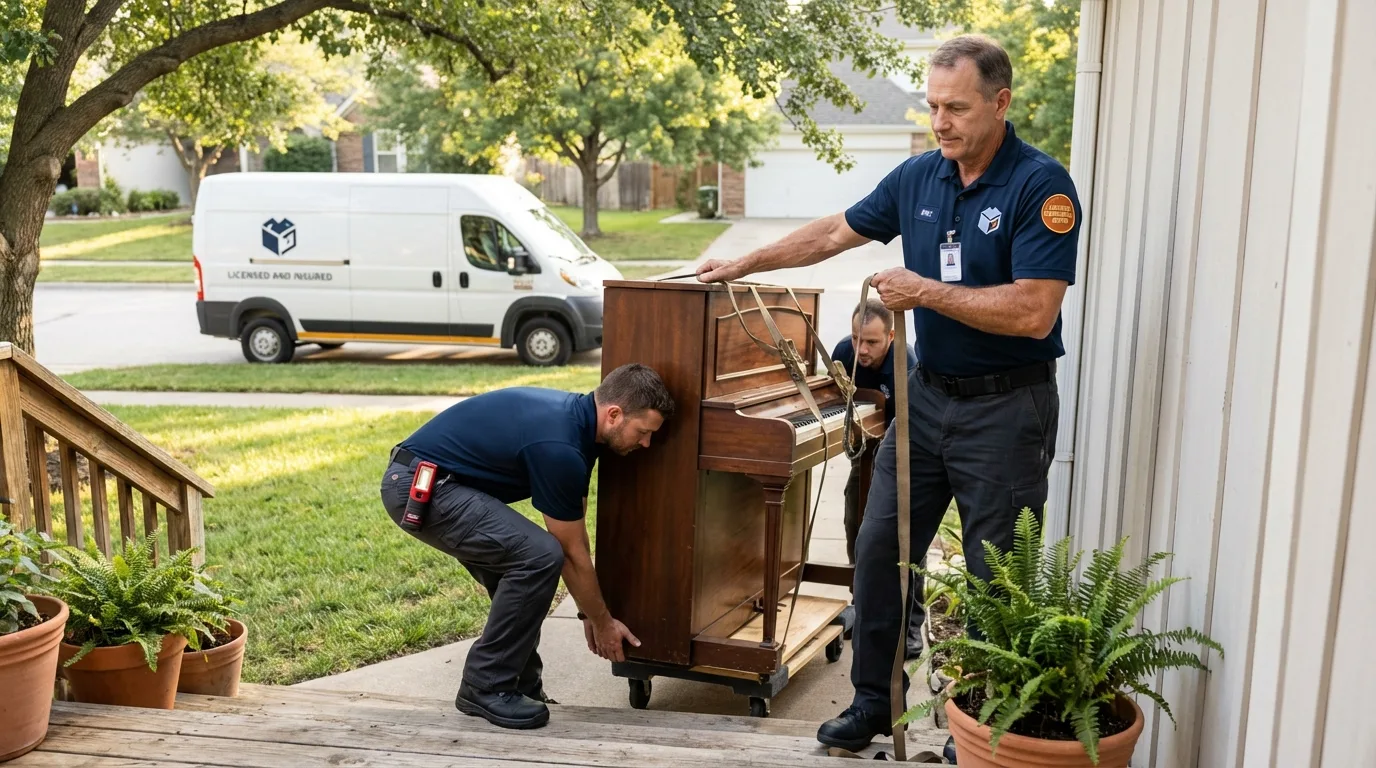 Licensed piano movers securing grand piano in North Newton, KS