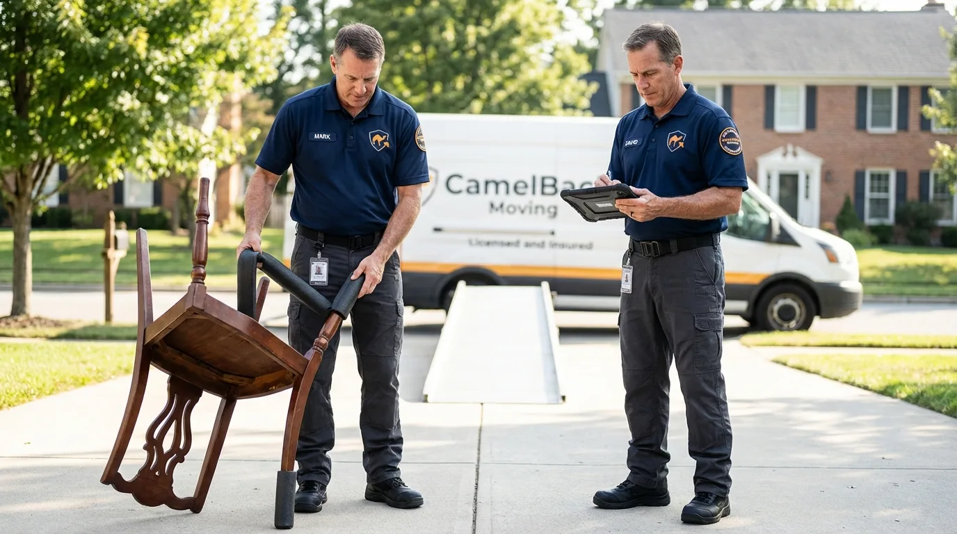 Movers inspecting furniture for damage prevention before loading in North Newton, KS