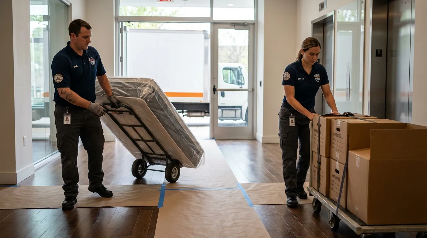 Professional apartment movers loading elevator in North Newton, KS