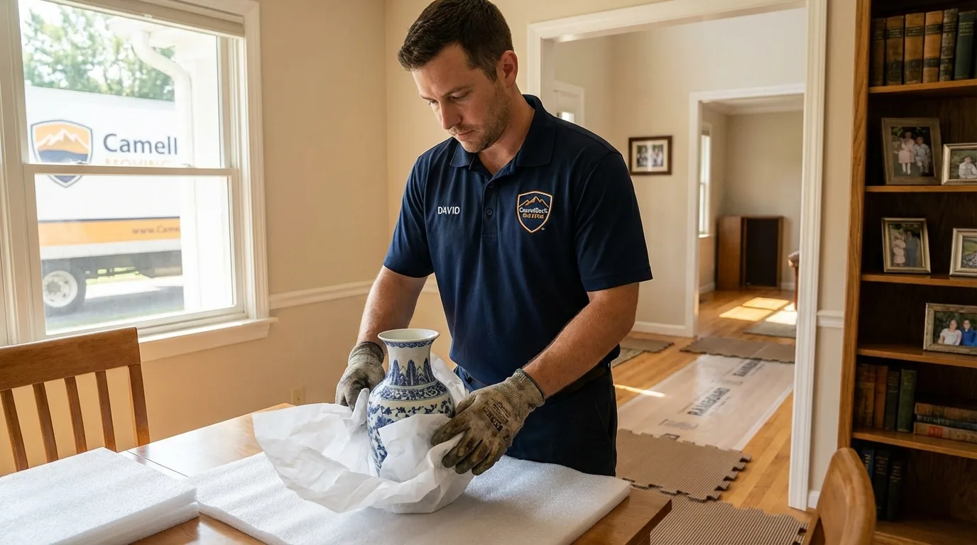 Professional crew carefully wrapping antique vase for senior downsizing move in North Newton, KS